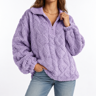 Women's Oversized Fleece Sweatshirt with Stand Collar – Purple