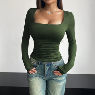 Damski marszczony crop top z długim rękawem – kolor khaki