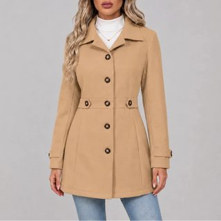 Damski elegancki płaszcz taliowany – kolor khaki