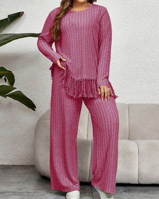 Damski prążkowany komplet plus size casual z długim rękawem – kolor różowy