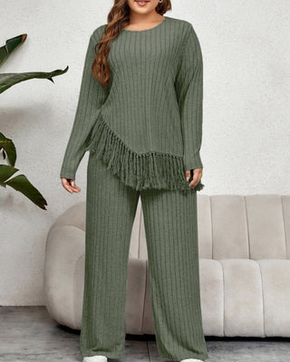 Damski prążkowany komplet plus size casual z długim rękawem – kolor zielony