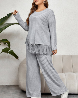 Damski prążkowany komplet plus size casual z długim rękawem – widok szczegółowy