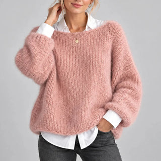 Damski sweter oversize z bufiastymi rękawami – kolor różowy