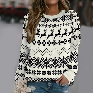 Damski świąteczny sweter oversize, długi rękaw – kolor biały