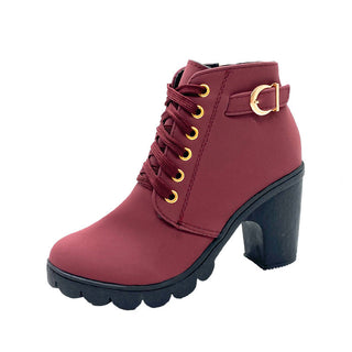 Women's Winter Chunky Lace-Up Ankle Boots Block Heel – Burgundy