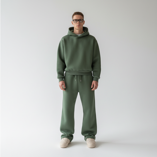Męski dres komplet oversize z kapturem – kolor oliwkowy