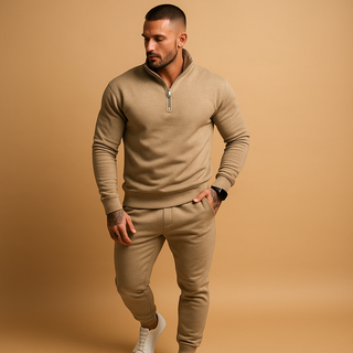 Męski elegancki komplet dresowy, dopasowany – kolor khaki